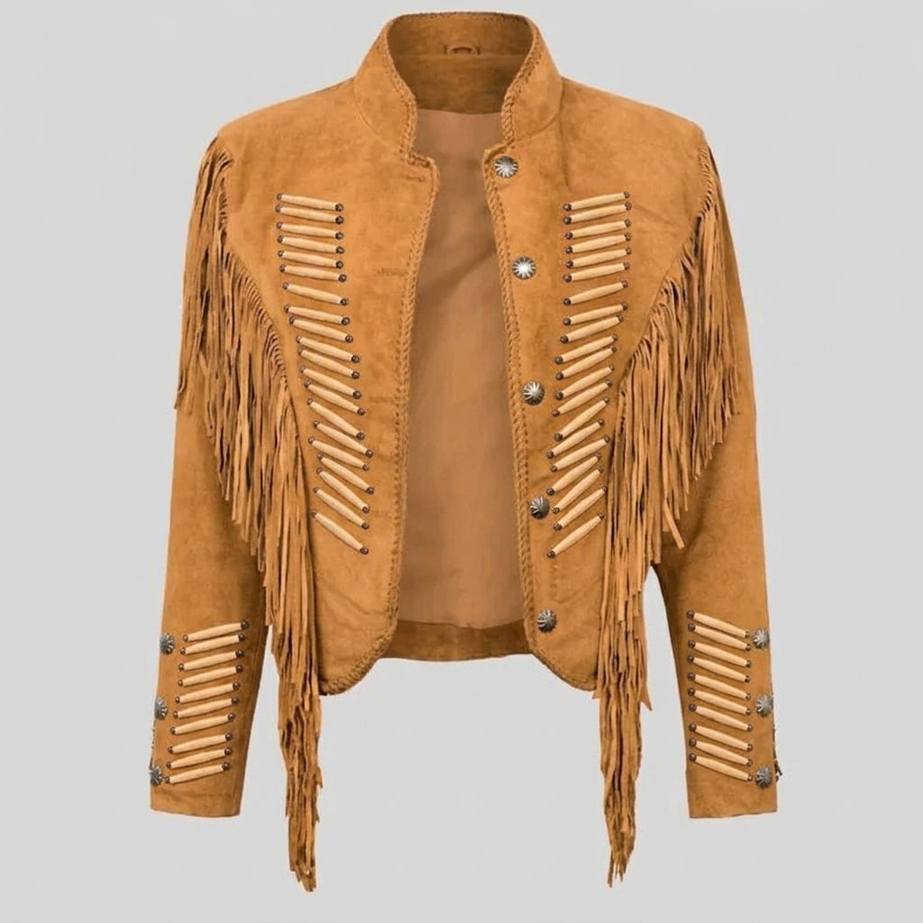 Women’s tan suede Western fringe jacket featuring bone bead piping and silver concho studs.