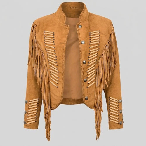 Women’s tan suede Western fringe jacket featuring bone bead piping and silver concho studs.