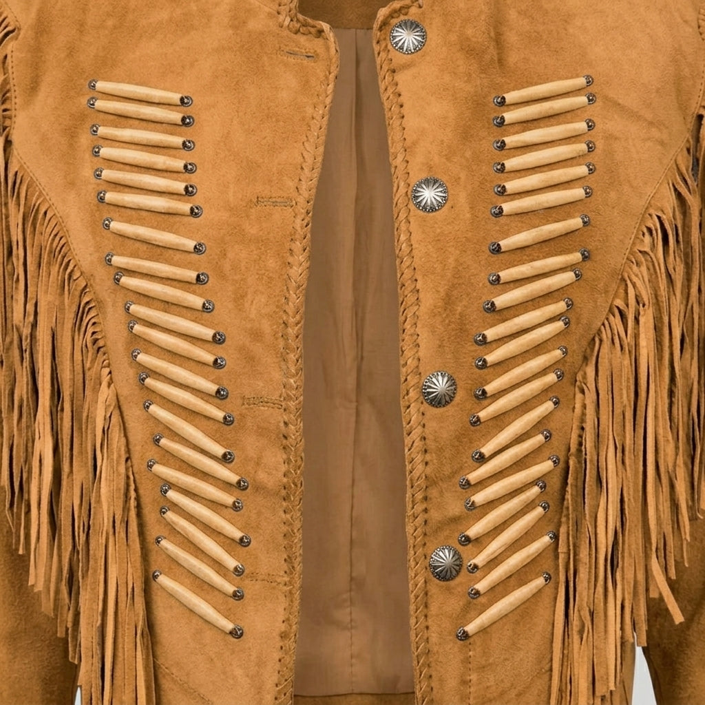 Close-up of Western jacket showing bone bead detailing, braided trim, and silver concho accents