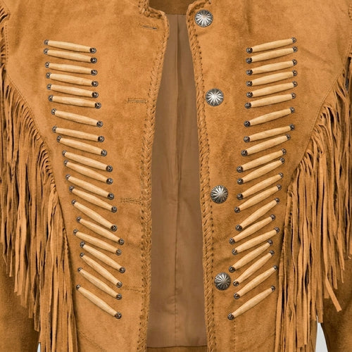 Close-up of Western jacket showing bone bead detailing, braided trim, and silver concho accents
