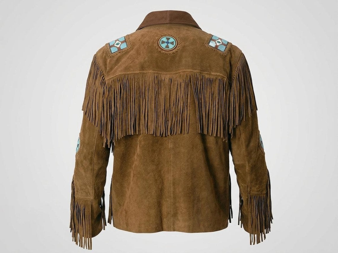 Men's Vintage Fringe Leather Jacket – Native Eagle Beaded Western Coat
