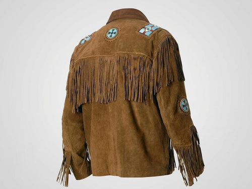 Men's Vintage Fringe Leather Jacket – Native Eagle Beaded Western Coat
