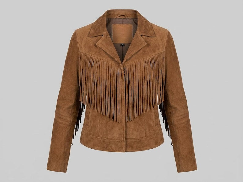Women's Tan Suede Leather Fringe Jacket – Vintage Western Cropped Coat