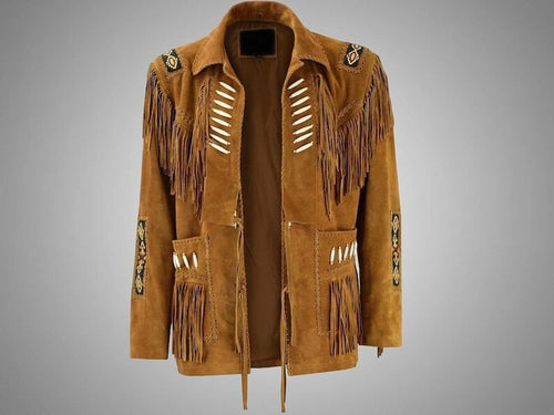 Men's vintage brown fringe leather cowboy jacket with handcrafted details