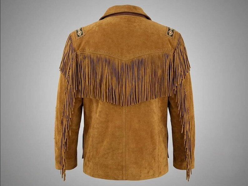 Men's Vintage Fringe Leather Jacket – Handcrafted Native American Cowboy Coat