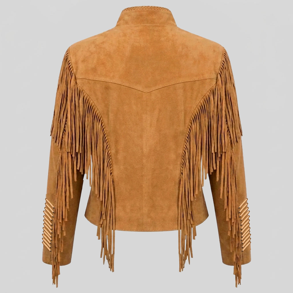Back view of women’s tan suede leather coat with V-shaped yoke and cascading fringe