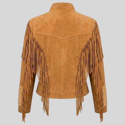 Back view of women’s tan suede leather coat with V-shaped yoke and cascading fringe